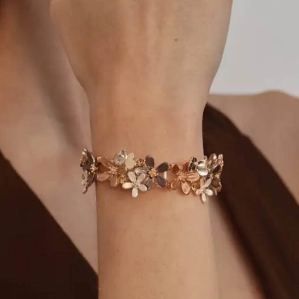 Brown Neutral Flower Crystal Butterfly Gold Toned Stretch Bracelet - Picture 3 of 5